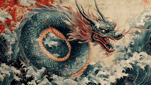 Mythic teal dragon coils through storm waves, crimson mane flaring.