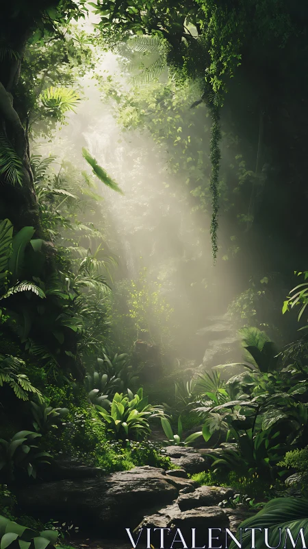 Misty jungle gorge with layered vegetation and stone pathway