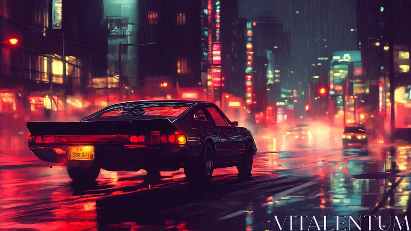 Neon-soaked muscle car on rain-slick cyberpunk city street.