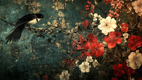Digital painting of perched bird with stylized florals on patina ground.