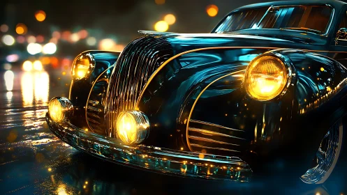 Gleaming vintage car glowing on a rainy neon city street.