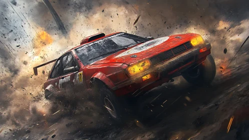 Rally car sliding through explosive dirt and stormy debris.