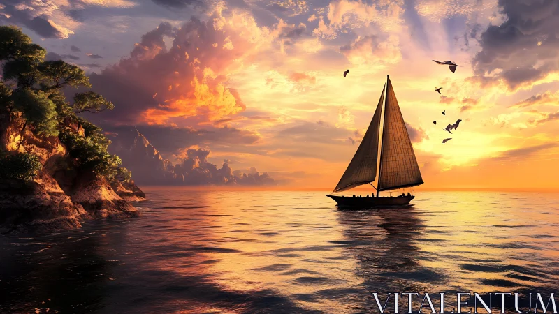 Radiant sunset sailboat beside glowing rocky shoreline.