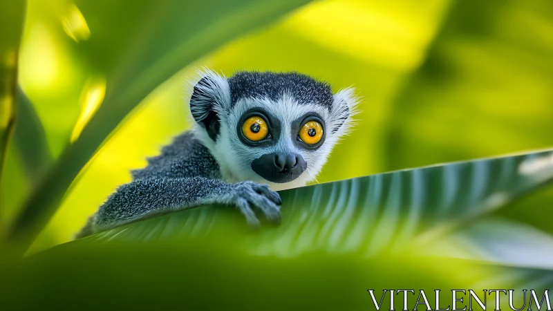 Curious lemur peeks through glowing jungle leaves with wonder.