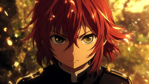 Fiery anime warrior stands defiant amid glowing embers