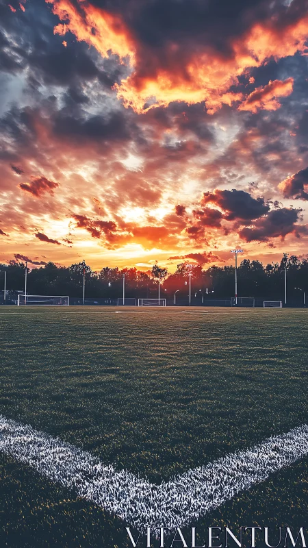Sunset calm over an empty soccer field waiting for play.