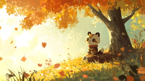 Little autumn panda dreaming under a golden forest tree.