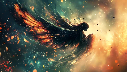 Celestial fire-winged angel emerging through cosmic light.