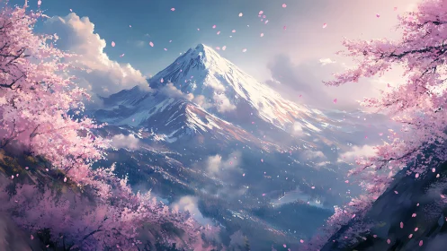 Snow-capped mountain framed by pink blossom trees in spring.
