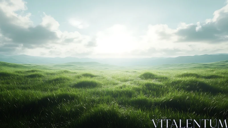Sunlit grassland undulates under soft atmospheric backlighting