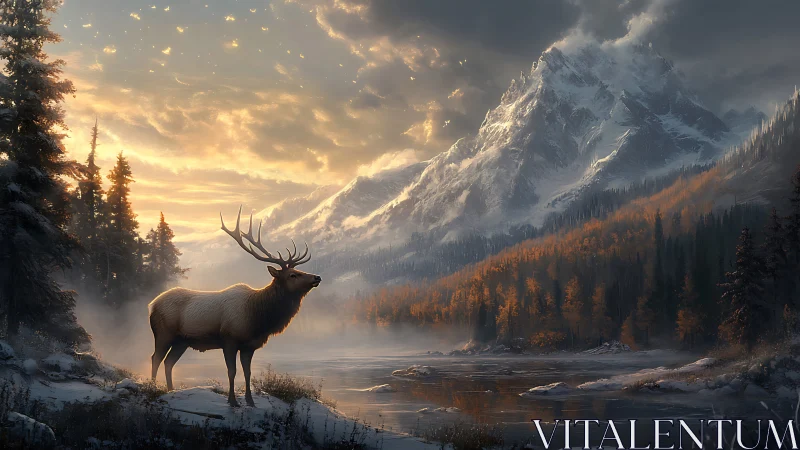 Elk standing by river under sunrise in alpine valley.