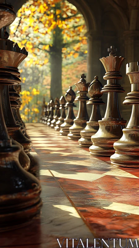 Sunlit chess kings waiting in a quiet autumn arcade.