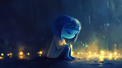 Childlike figure sits in rain with surrounding yellow light orbs