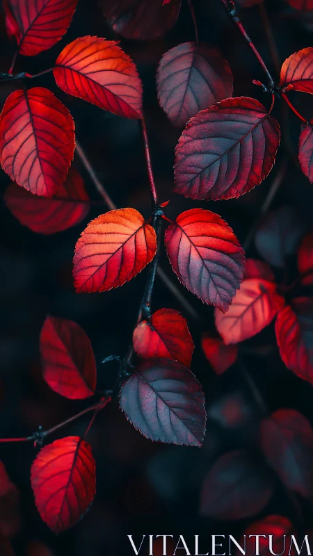 Glowing crimson leaves drifting gently through the dark.