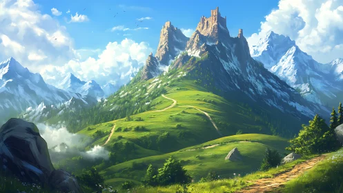 Sunlit mountain path leading to distant hilltop castle.