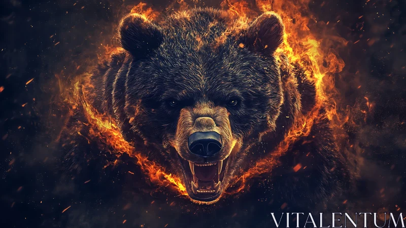 Roaring bear head erupts from swirling fire in dark void