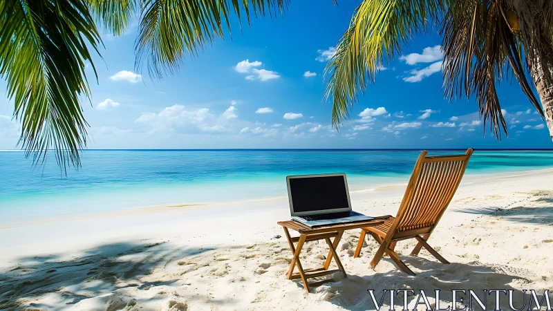 Laptop and chair on tropical beach with turquoise ocean