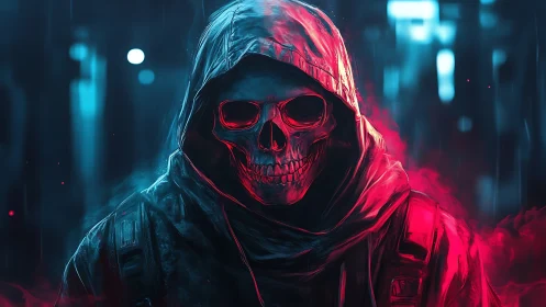 Hooded skull figure glows in neon red and cyan foggy alley