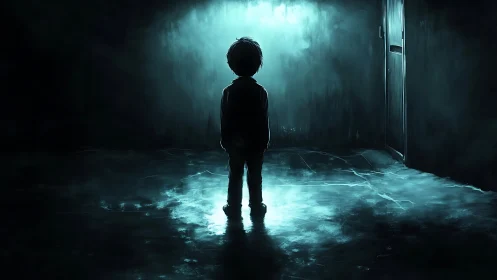 Backlit child silhouette in luminance gradient corridor study.