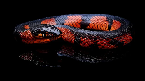 Coiled tricolor snake rendered in high-contrast studio macro lighting