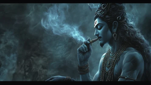 Meditative blue deity in swirling smoke-filled atmosphere.