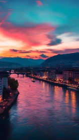 Chromatic river corridor under high-saturation dusk sky.
