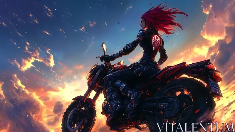 Motorcyclist in armor rides against a cloud-filled sunset sky