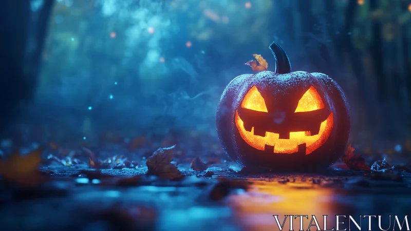 Glowing jack-o’-lantern haunts a misty blue forest path.