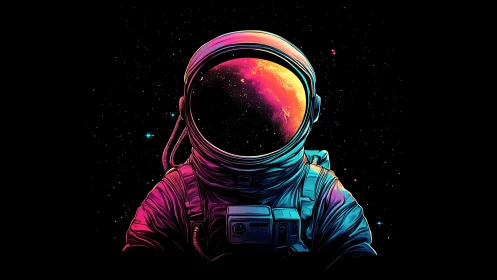 Neon astronaut portrait with glowing planet visor in space.