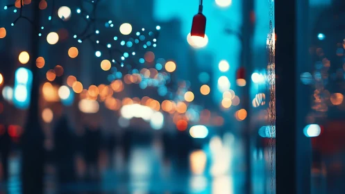 Shallow depth of field city lights reveal wet glass reflections