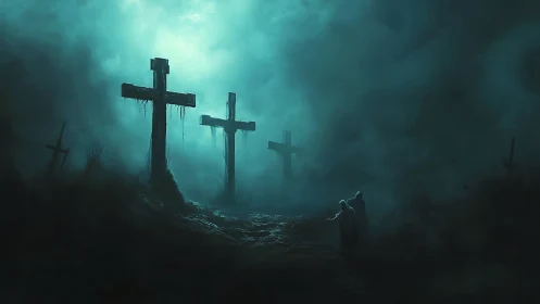 Fog shrouded graveyard path with looming crosses at dusk.