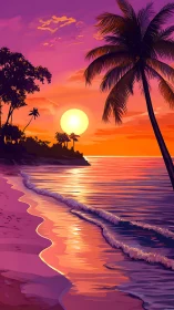Tropical shoreline sunset with palm silhouettes and warm surf glow