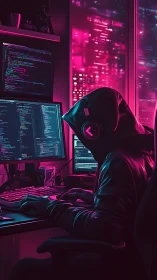 Hooded coder breaks code in neon pink cyber workspace.