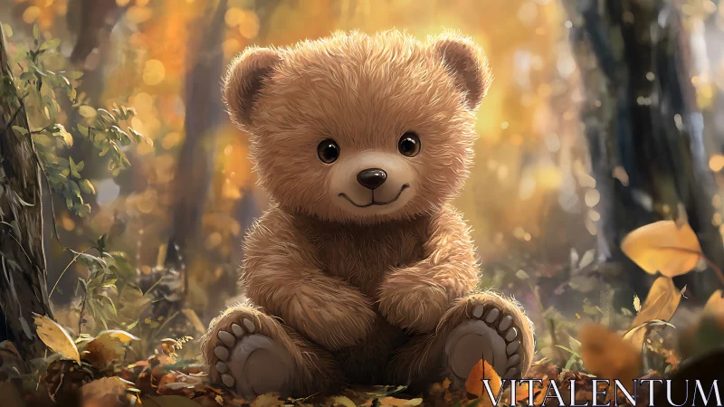 Fluffy cartoon teddy bear sitting in a soft autumn forest.