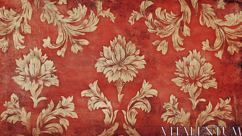 Aged gold damask floral pattern over distressed red ground