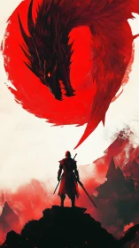 Warrior confronts circling dragon under blood-red celestial disc