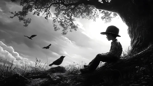 Quiet boy trades secrets with crows beneath a bending tree