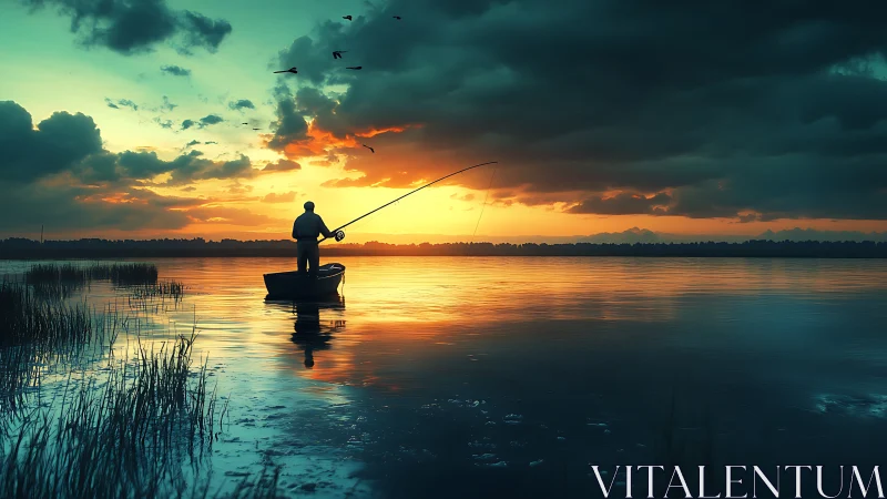 Solitary angler casting dreams into a storm-kissed sunset.