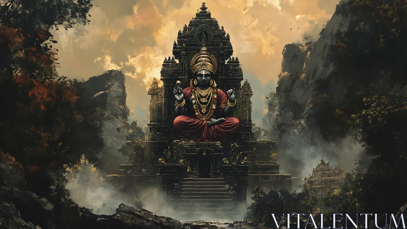 Divine stone deity sits enthroned above misty mountain temple