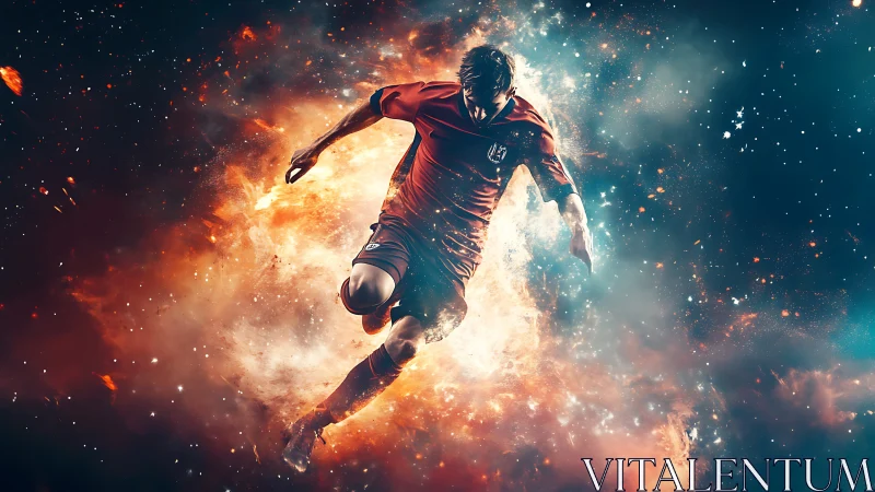 Soccer player in dynamic cosmic fire and smoke burst.