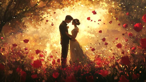 Two Hearts Among Glowing Red Petals and Golden Light.