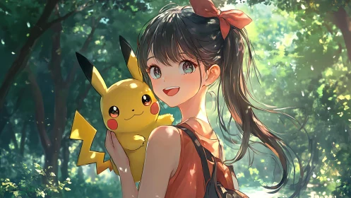 Backlit anime girl holds electric mascot under dappled forest light