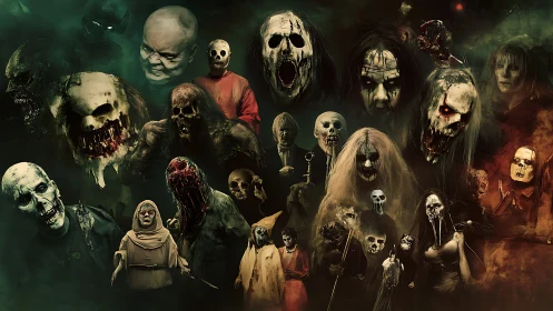 Grotesque horror character collage with skulls and masks.