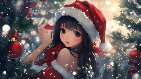Anime girl in Santa outfit poses within glowing Christmas fir