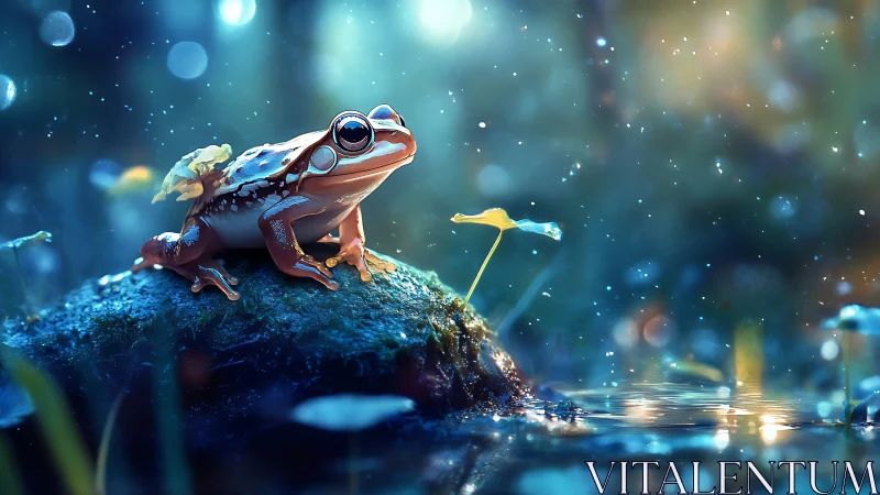 Bioluminescent forest frog rendered in luminous blue bokeh.