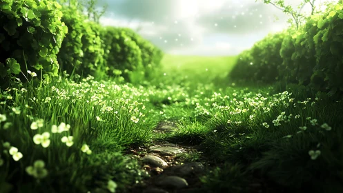Sunlit clover path winding through luminous green hedges.