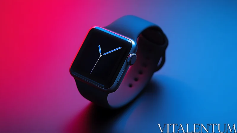 Smartwatch rests on surface under neon red blue lighting