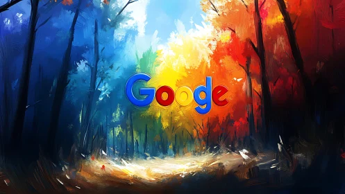 Google logotype illuminated in a high-chroma abstract forest panorama