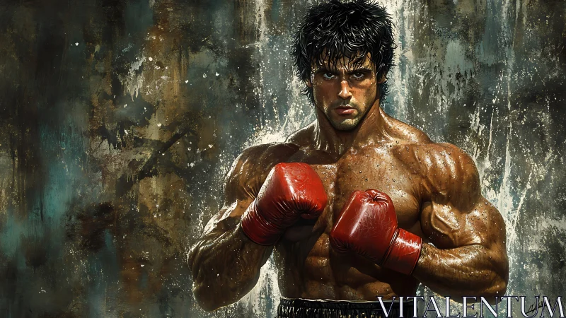 Athletic Male Boxer Portrait with Red Boxing Gloves Against Distressed Textured Backdrop