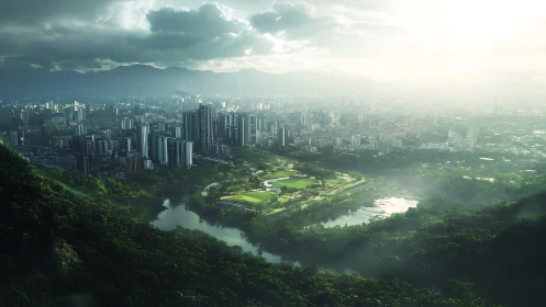 Dense city skyline bordered by forested hills and rivers.
